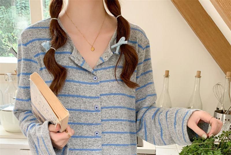 Pajama Set: Long Sleeve Round Neck Striped Button Top + Straight Leg Pants Product Image