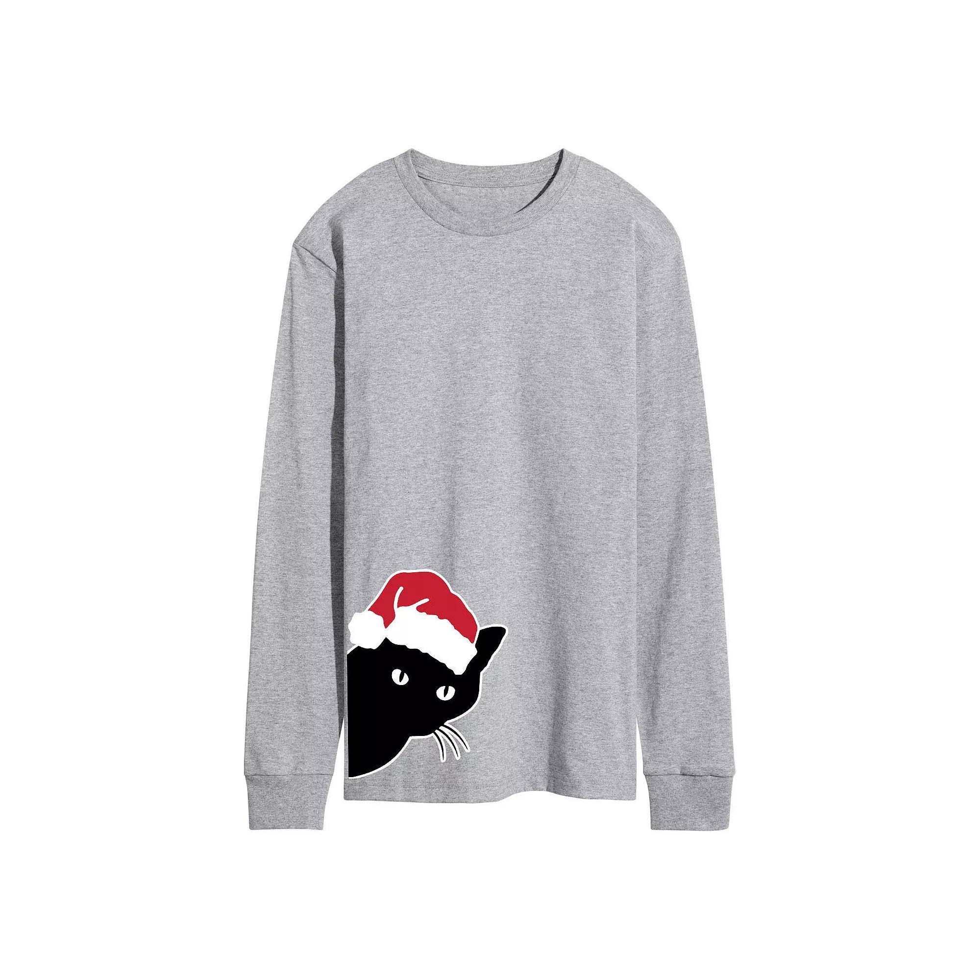 Men's Peeking Cat Long Sleeve Tee, Size: XL, Gray Product Image