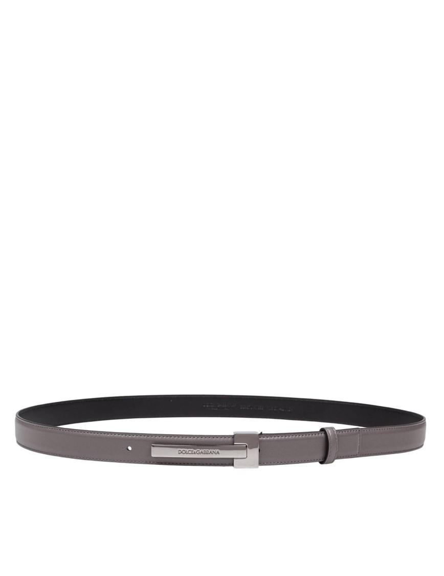 DOLCE & GABBANA Leather Belt With Logo Buckle In Grey Product Image