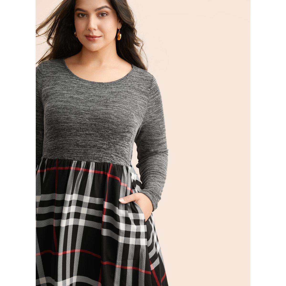 Plus Size Plaid Patchwork Elastic Waist Dress Black Women Casual Patchwork Round Neck Long Sleeve Curvy BloomChic 14-16/1X Product Image