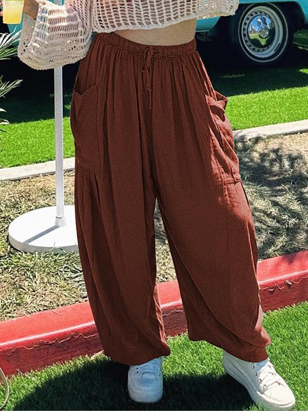 High Waisted Loose Drawstring Elasticity Pleated Pockets Solid Color Ninth Pants Trousers Product Image
