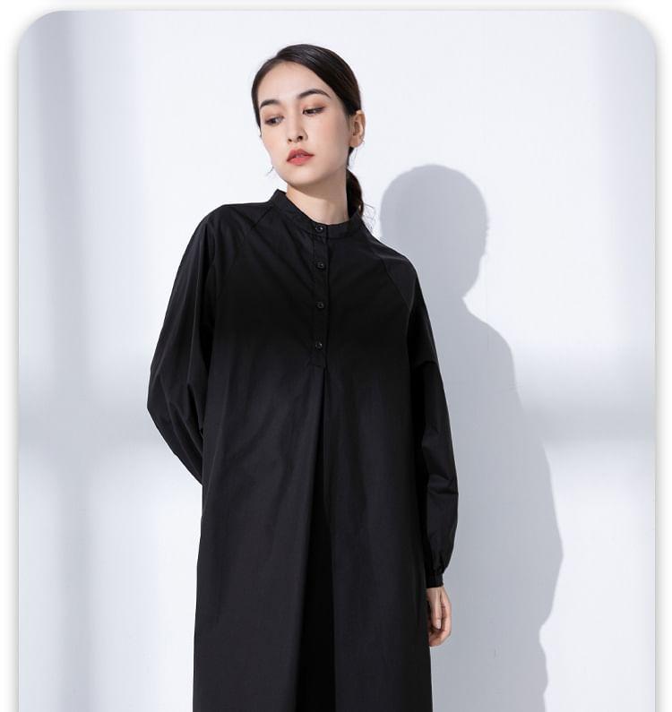 Long-Sleeve Stand Collar Plain Half-Buttoned Tunic Dress Product Image