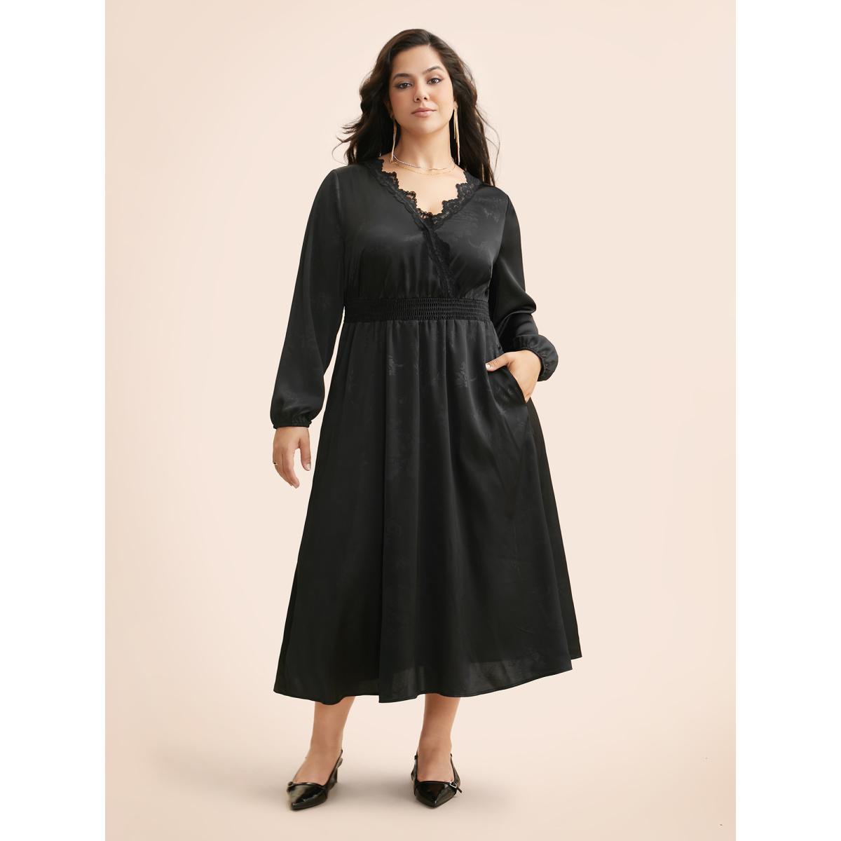 Plus Size Overlap Collar Textured Shirred Lace Trim Dress Black Women Cocktail Woven ribbon&lace trim Overlap Collar Long Sleeve Curvy BloomChic 22-24/3X Product Image