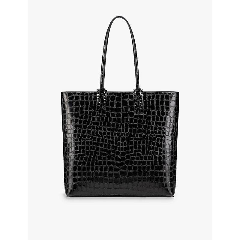 CHRISTIAN LOUBOUTIN Cabata Spiked Croc-effect Glossed-leather Tote In Black Product Image