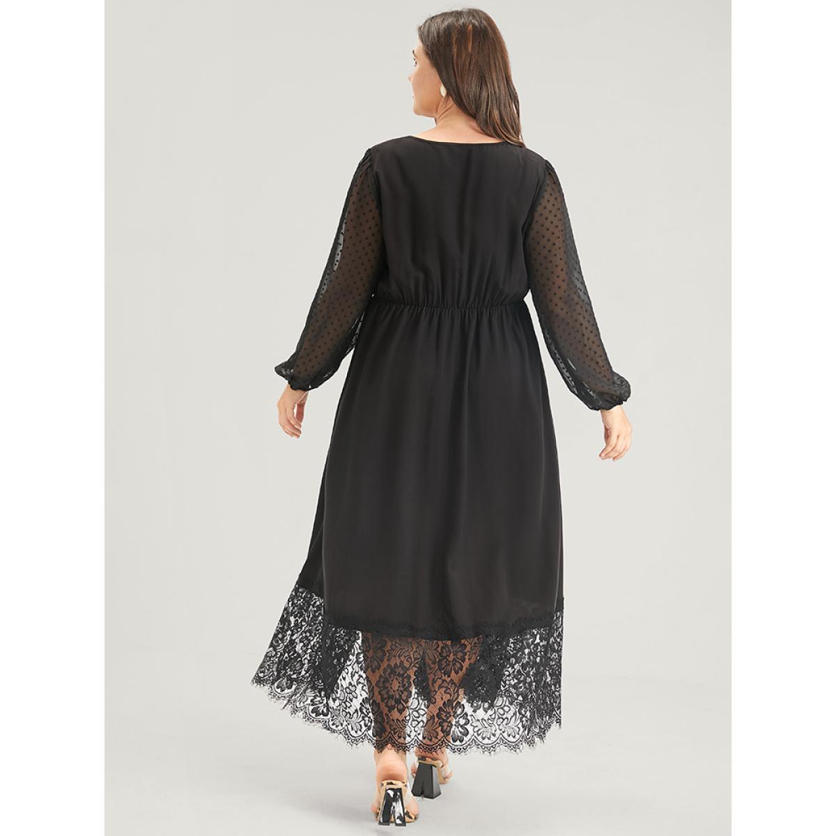 Plus Size Solid Split Eyelet Lace Belted Pocket Button Wrap Maxi Dress Black Women Elegant Lace V-neck Long Sleeve Curvy Long Dress BloomChic 14-16/1X Product Image