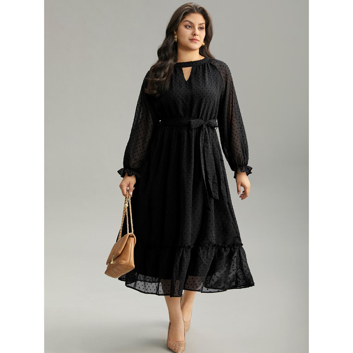 Plus Size Chiffon Texture Belted Mesh Keyhole Frill Trim Dress Black Women Office Texture Keyhole Cut-Out Long Sleeve Curvy Midi Dress BloomChic 10/M Product Image