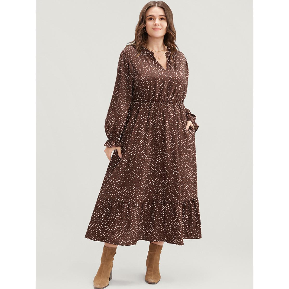 Plus Size Polka Dot Pocket Lantern Sleeve Flutter Hem Dress DarkBrown Women Elegant Pocket V-neck Long Sleeve Curvy Midi Dress BloomChic 22-24/3X Product Image