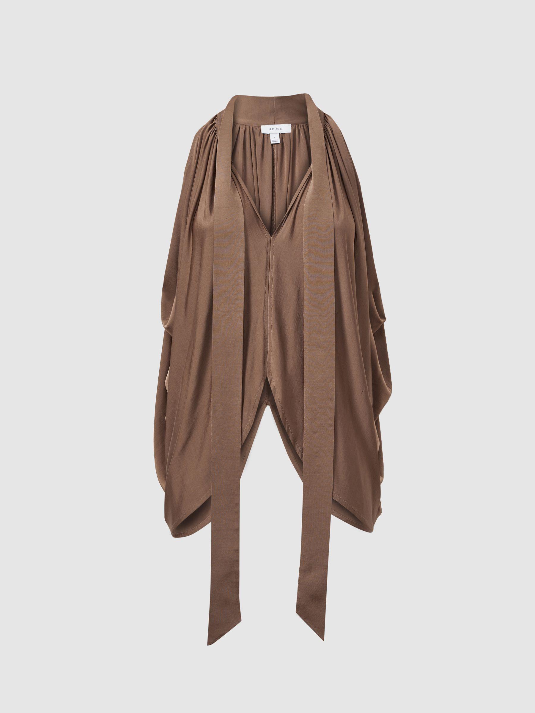 Draped Tie Neck Top in Dark Mink Product Image