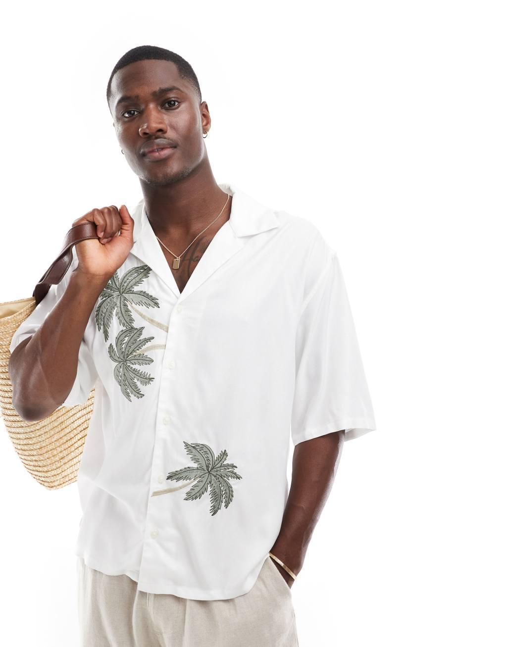 ONLY & SONS camp collar shirt with palm print in off white Product Image