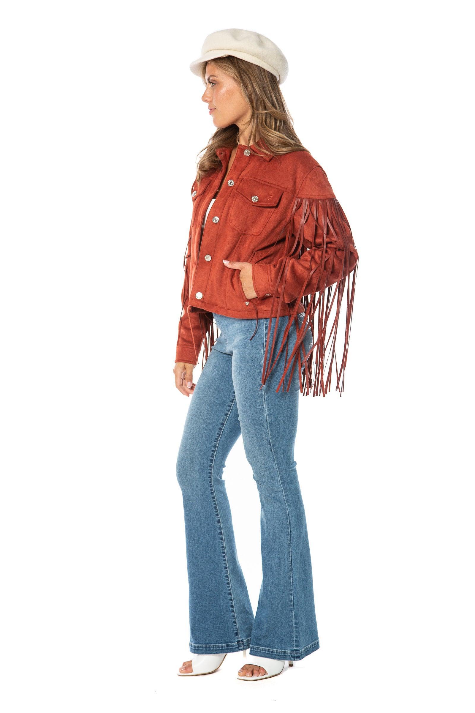 Faux Leather Fringe Trucker Jacket Product Image