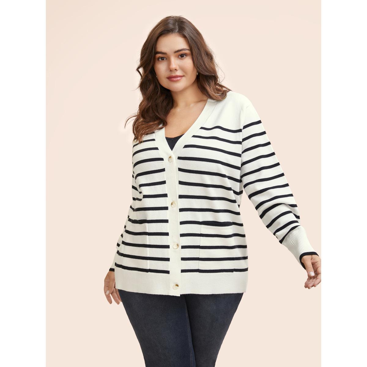 Plus Size Supersoft Essentials Striped Button Up Cardigan Ivory Women Casual Loose Long Sleeve Everyday Cardigans BloomChic 18-20/2X Product Image