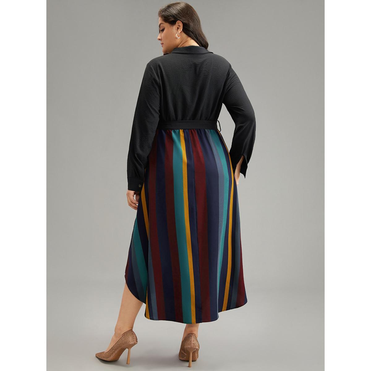 Plus Size Colour Striped Patchwork Belted Button Through Dress Scarlet Women Office Belted Shirt collar Long Sleeve Curvy Midi Dress BloomChic 22-24/3X Product Image
