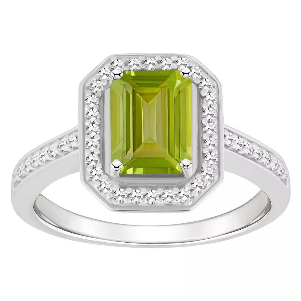 Celebration Gems Sterling Silver 8 mm x 6 mm Emerald Cut Gemstone & 1/5 Carat T.W. Diamond Halo Ring, Womens Peridot Product Image