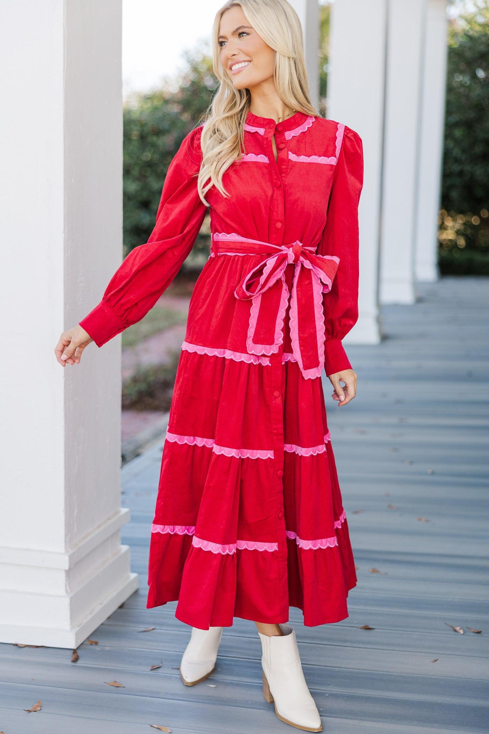 So In Love Red Scalloped Midi Dress Female Product Image