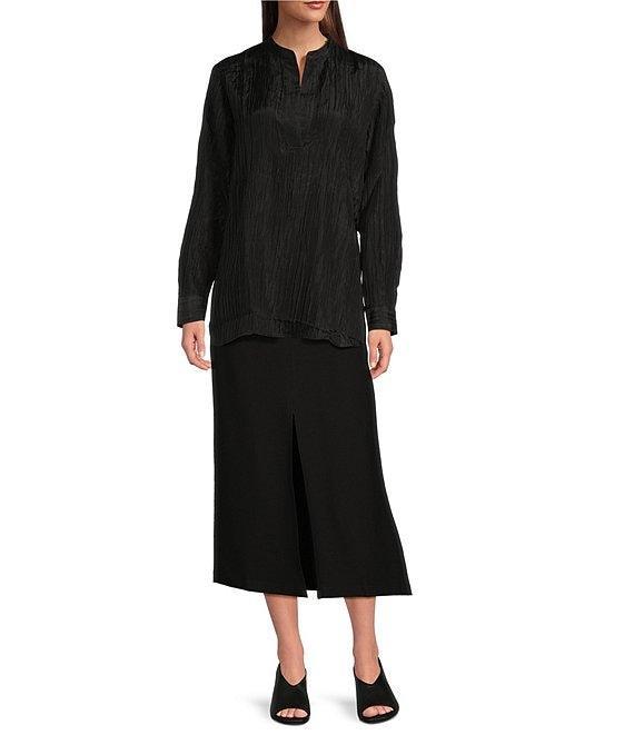 Eileen Fisher Textured Silk Jacquard Mandarin Collar Long Sleeve Top Product Image