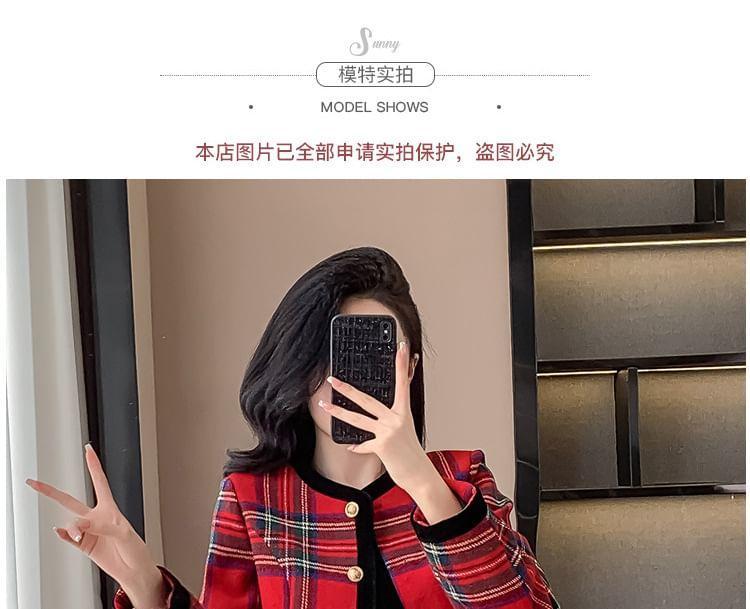 Set: Plaid Button-Up Jacket + High Rise Mini A-Line Skirt Product Image