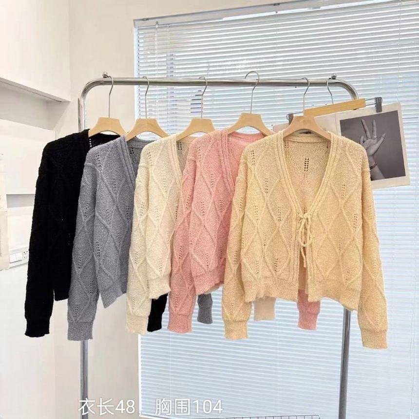 V-Neck Plain Perforated Tie Front Crop Cardigan Product Image