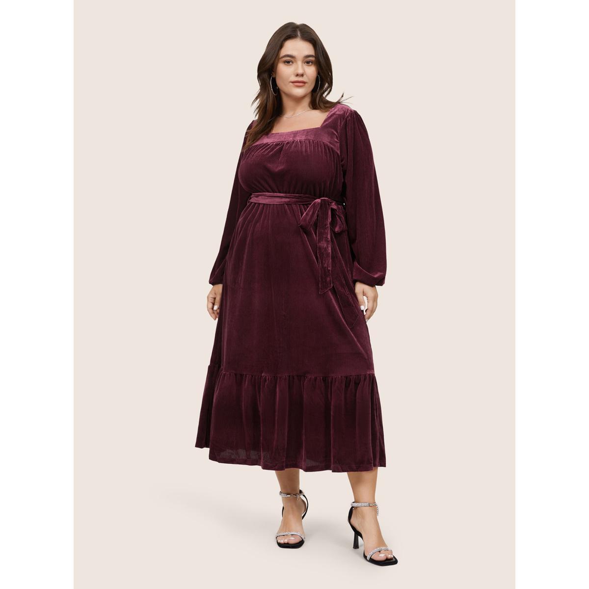 Plus Size Velvet Belted Square Neck Gathered Dress Russet Women Glamour Velvet Square Neck Long Sleeve Curvy Midi Dress BloomChic 12/L Product Image