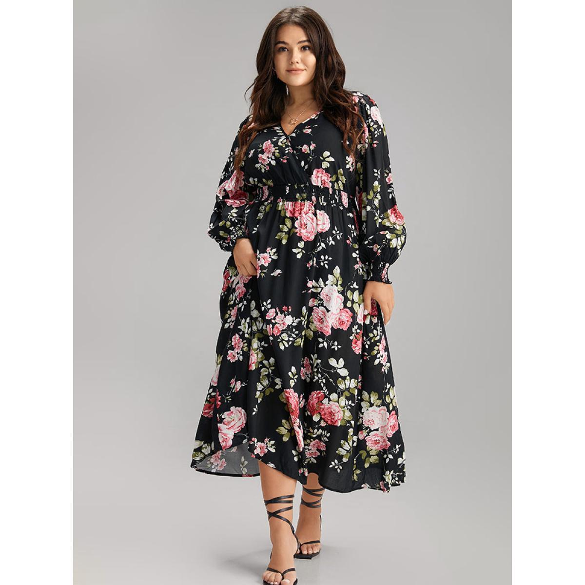 Plus Size Supersoft Essentials Floral Pocket Shirred Dress Black Women Elegant Wrap Overlap Collar Long Sleeve Curvy Midi Dress BloomChic 30/6X Product Image
