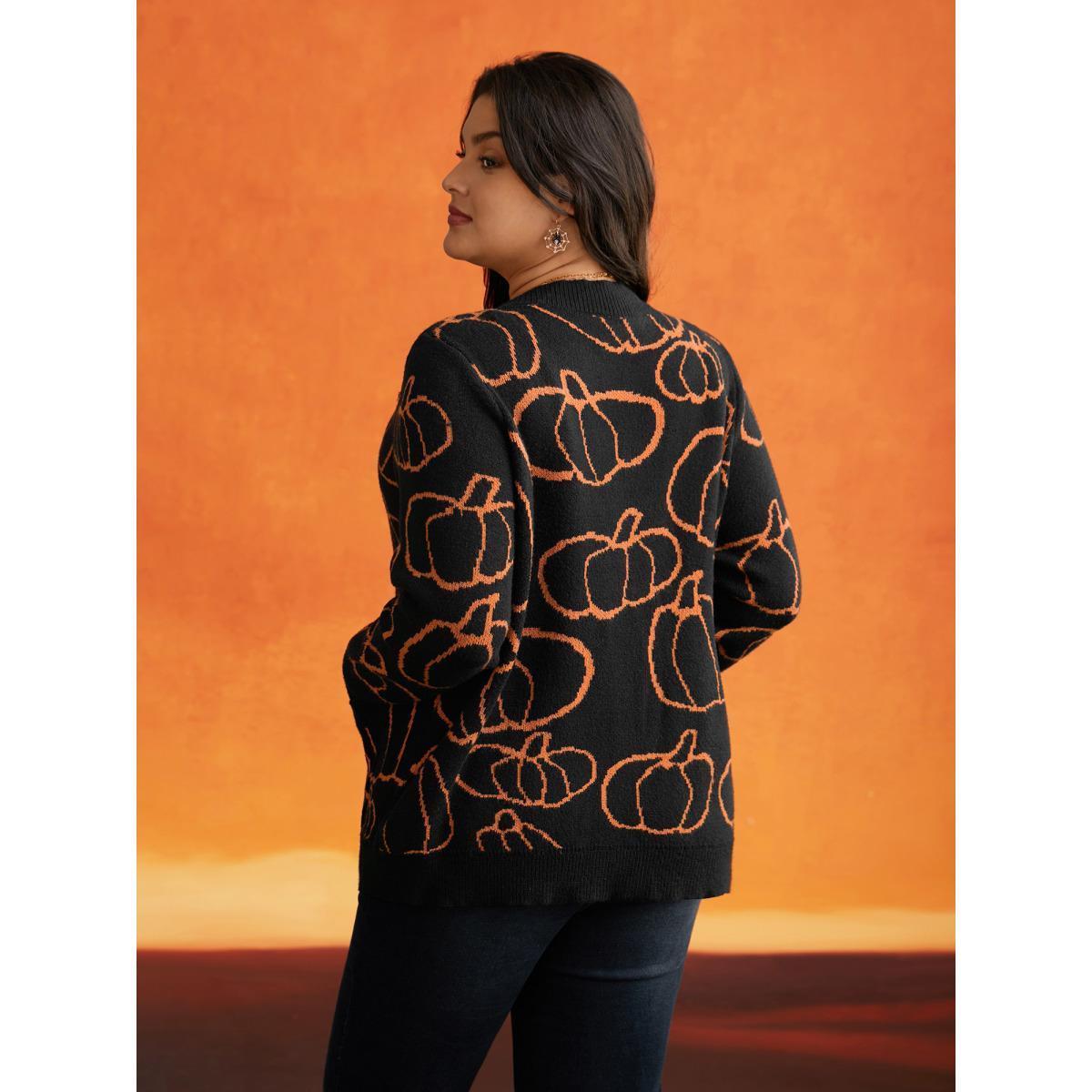 Plus Size Supersoft Essentials Pumpkin Printed Open Cardigan Black Women Casual Loose Long Sleeve Everyday Cardigans BloomChic 26/4X Product Image