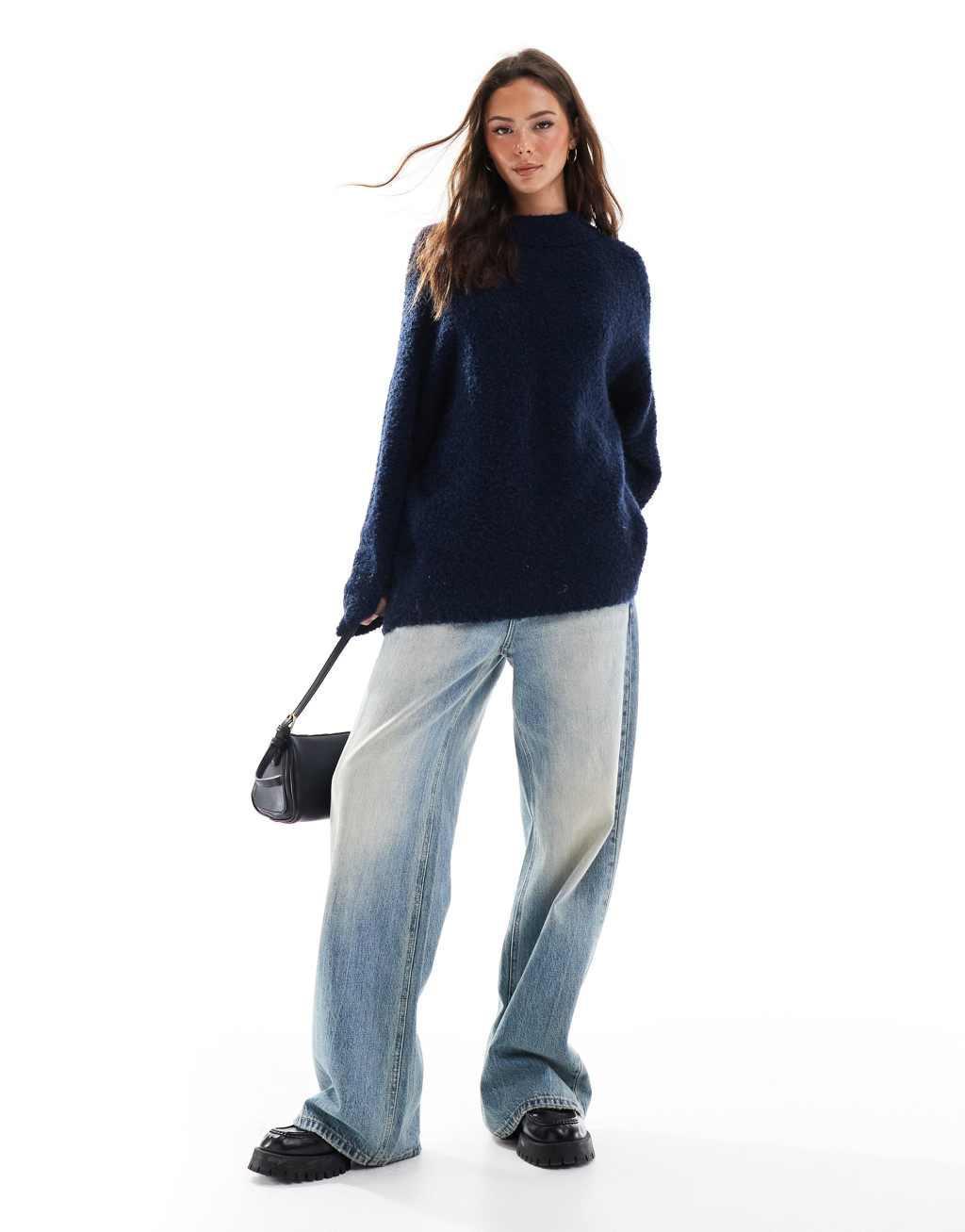 ASOS DESIGN crew neck oversized boucle sweater in navy Product Image