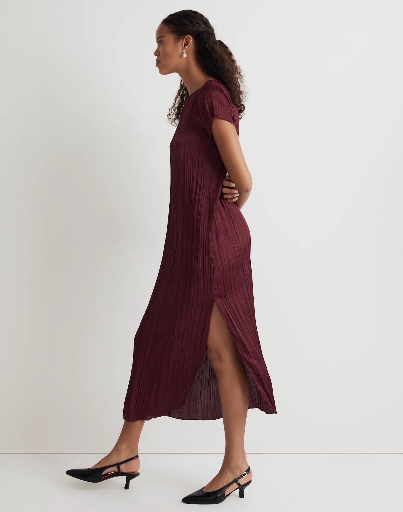 Short-Sleeve Slip Midi Dress in Plissé Product Image