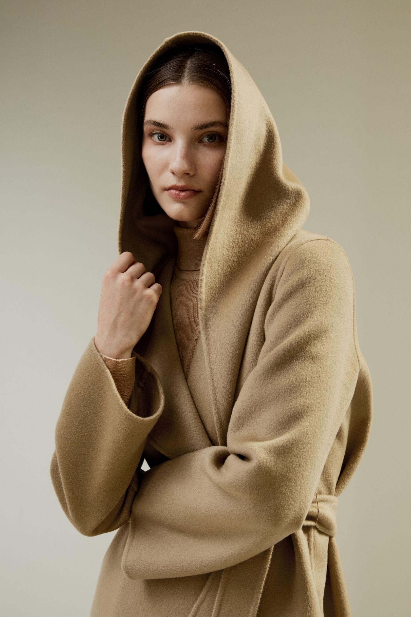 Cashmere-Wool-Blend Belted Short Hooded Coat Product Image