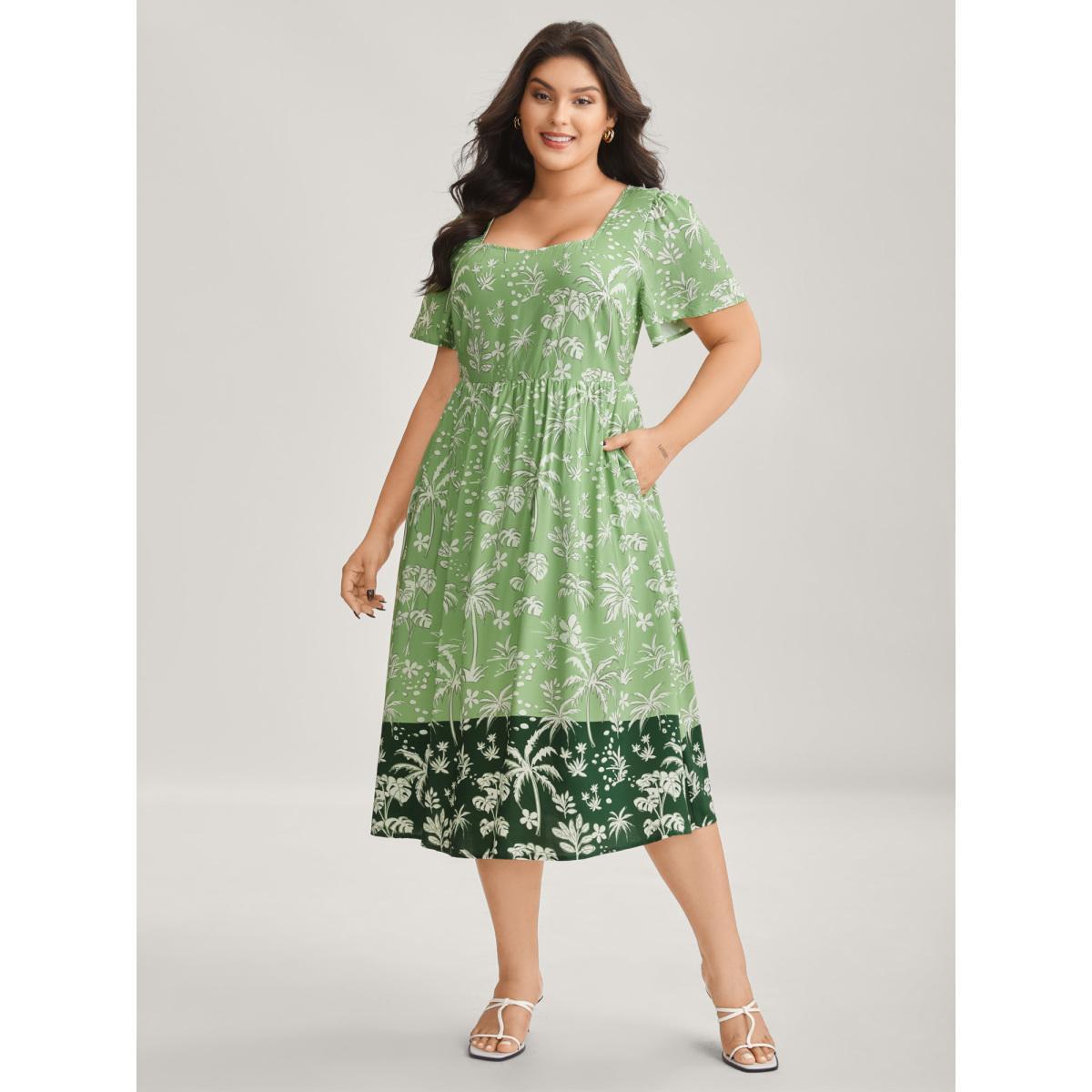 Plus Size Tropical Mood Color Contrast Midi Dress Truegreen Women Heart neckline Short sleeve Curvy BloomChic 22-24/3X Product Image