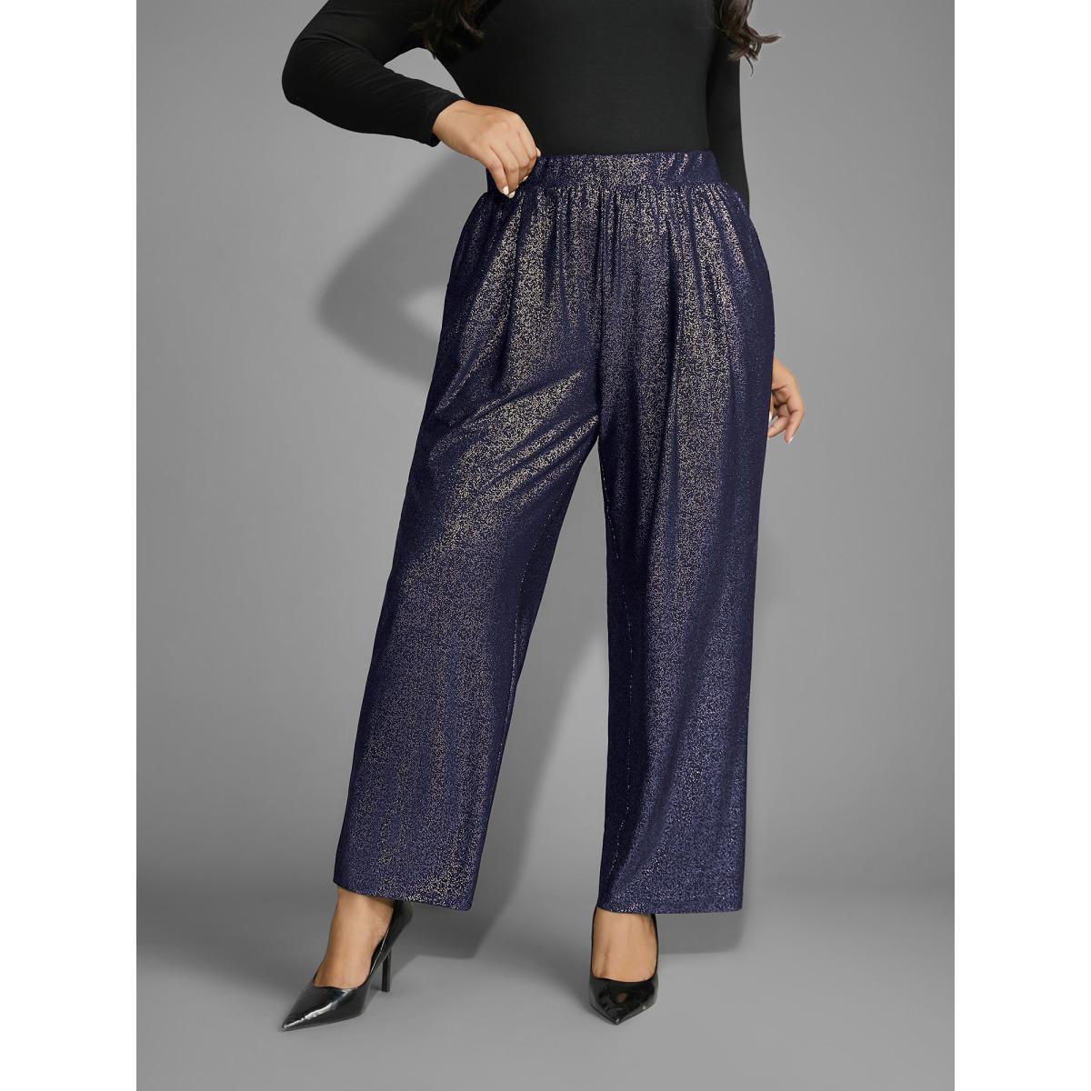 Plus Size Sequin Knit Elastic Waist Holiday Pants Women Indigo Formal Mid Rise Party Pants BloomChic 12/L Product Image