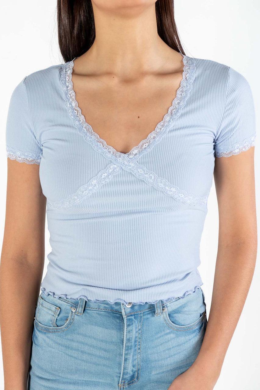 Powder Blue Lace Trim Tee Product Image