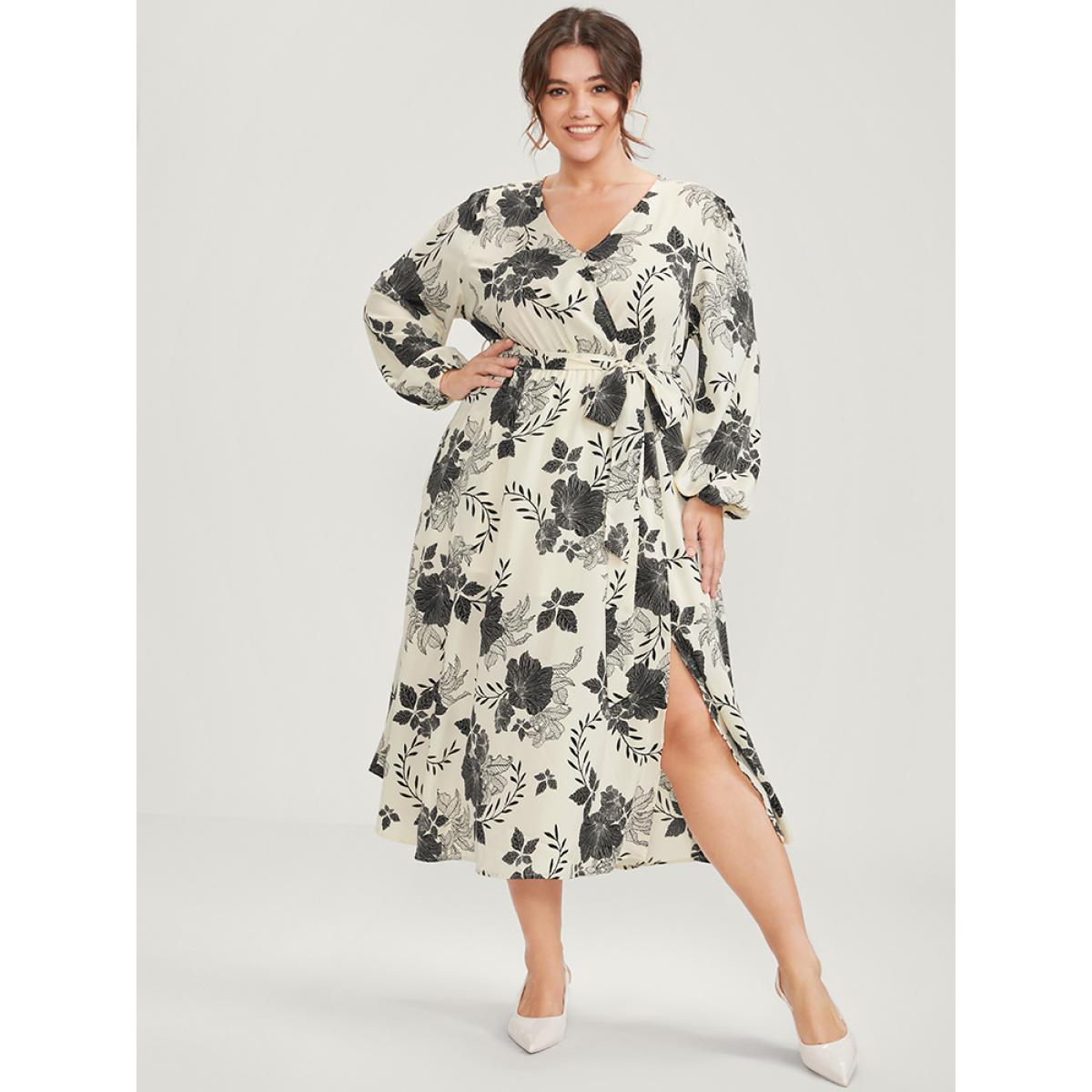 Plus Size Floral Print Lantern Sleeve Pocket Split Belted Dress Beige Women Elegant Belted V-neck Long Sleeve Curvy Midi Dress BloomChic 12/L Product Image