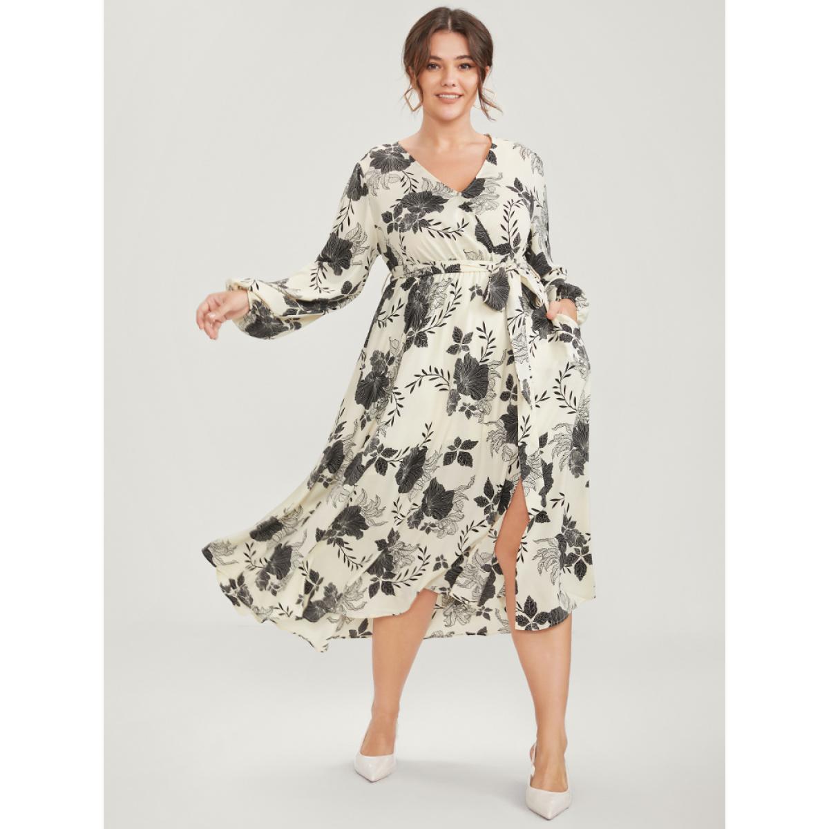 Plus Size Floral Print Lantern Sleeve Pocket Split Belted Dress Beige Women Elegant Belted V-neck Long Sleeve Curvy Midi Dress BloomChic 12/L Product Image
