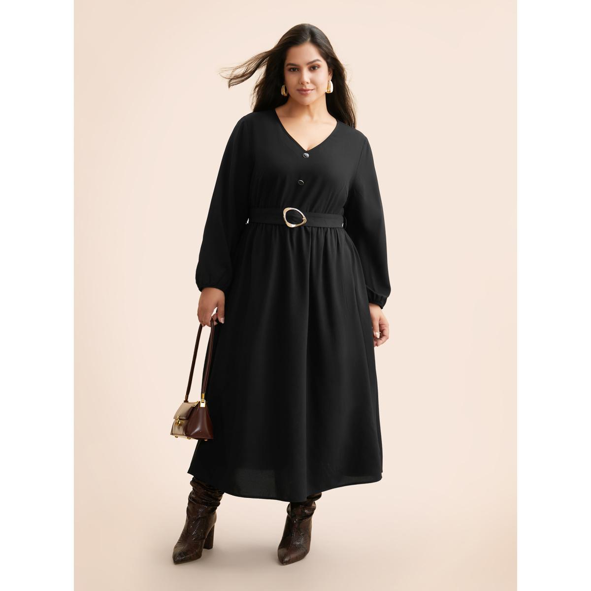 Plus Size V Neck Button Detail Belted Dress Black Women At the Office Belted V-neck Long Sleeve Curvy BloomChic 18-20/2X Product Image