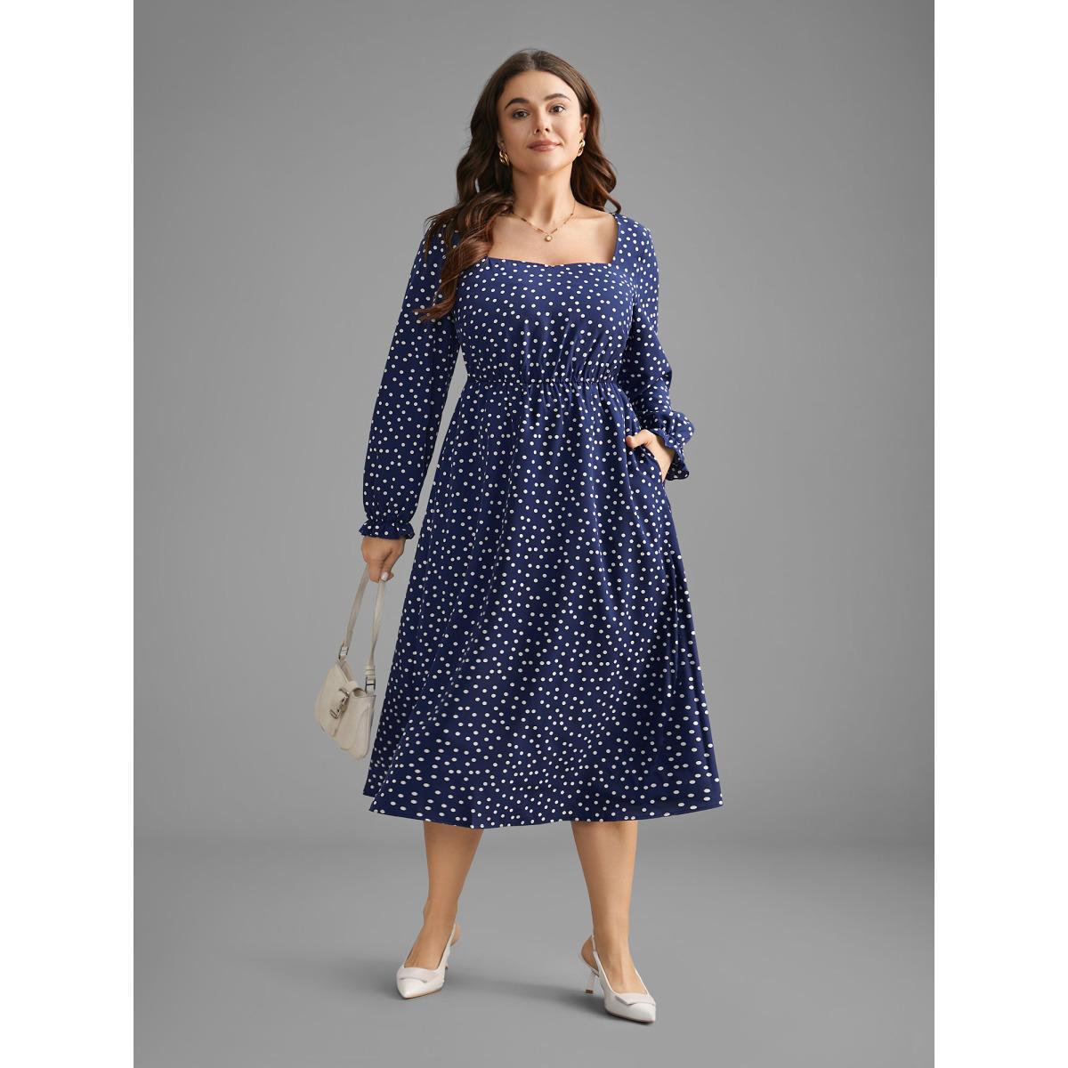 Plus Size Polka Dot Heart Neckline Midi Dress Indigo Women At the Office Ruffles Heart neckline Long Sleeve Curvy BloomChic 28/5X Product Image