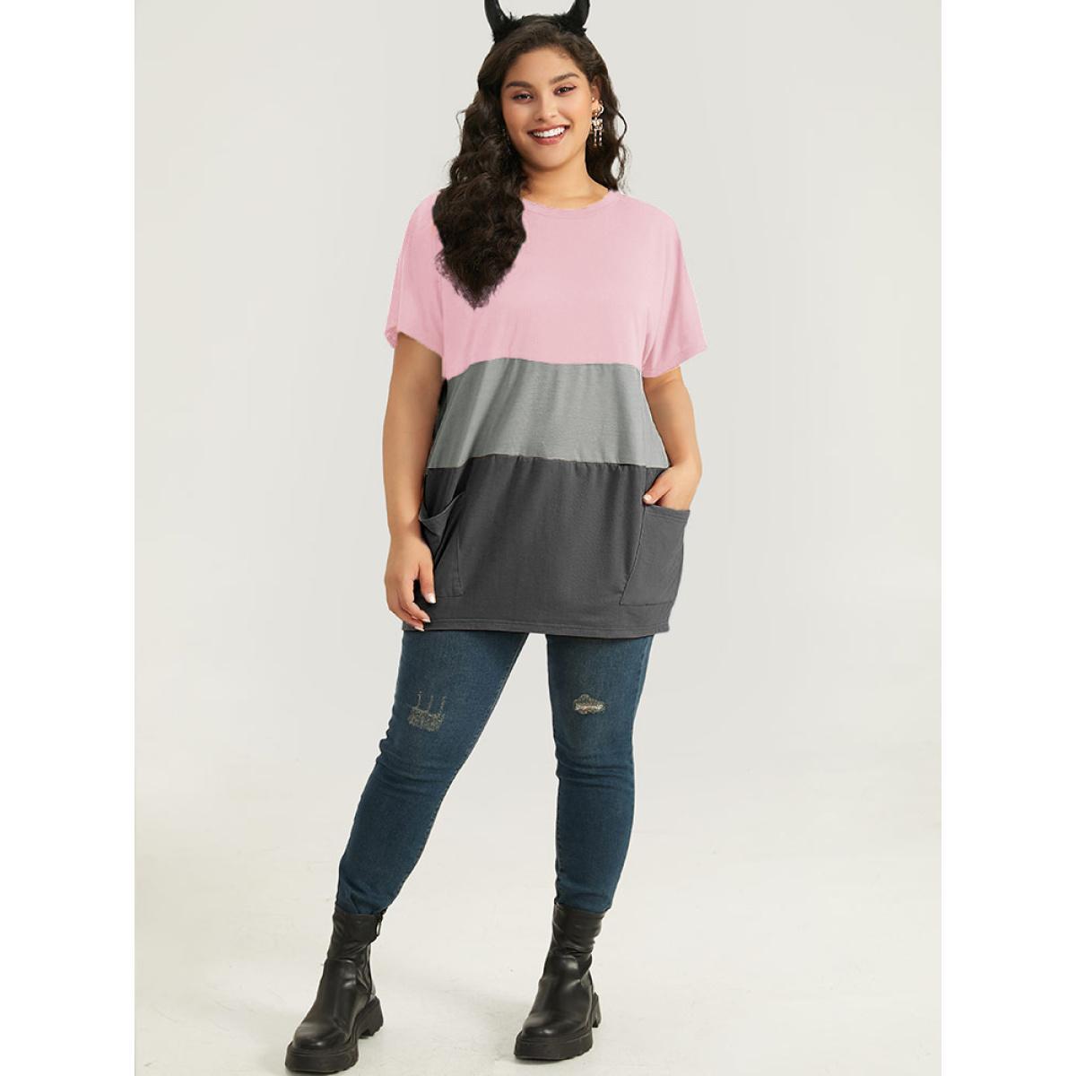 Plus Size Halloween Colorblock Contrast Pocket Crew Neck T-shirt Pink Women Casual Contrast Plain Round Neck Festival-Halloween T-shirts BloomChic 14-16/1X Product Image