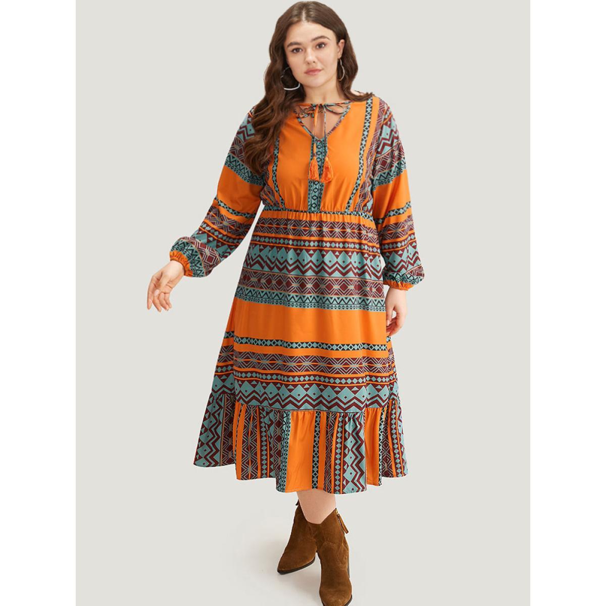 Plus Size Boho Print Tassel Tie Neck Dress OrangeRed Women Vacation Elastic cuffs Tie Neck Long Sleeve Curvy Midi Dress BloomChic 12/L Product Image