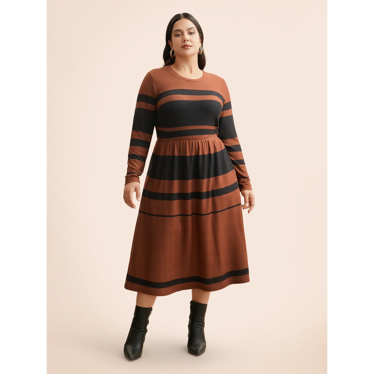 Plus Size Crew Neck Striped Patchwork Elastic Waist Dress Maroon Women At the Office Contrast Round Neck Long Sleeve Curvy BloomChic 18-20/2X Product Image