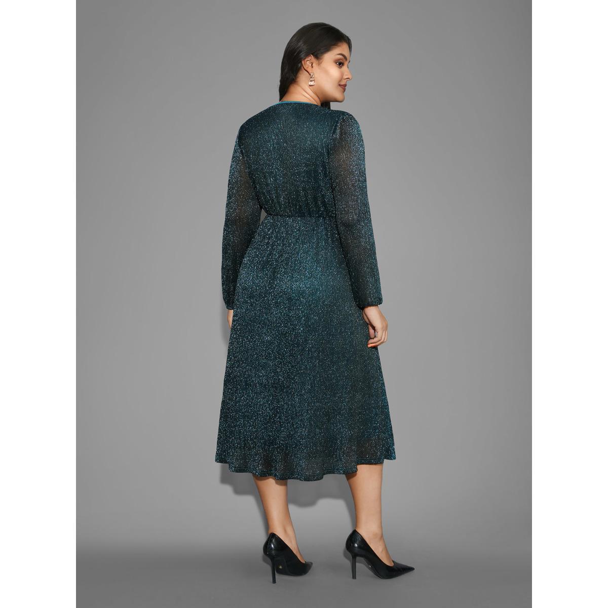 Plus Size Luxe V Neck Ruched Mesh Dress Aegean Women Cocktail Gathered Party Curvy Bloomchic 18-20/2X Product Image