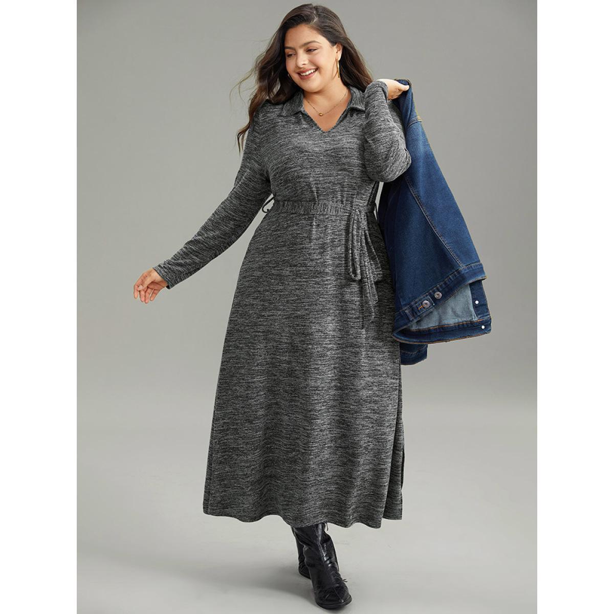 Plus Size Solid Pocket Elastic Waist Ties Split Hem Dress DimGray Women Casual Plain Lapel Collar Long Sleeve Curvy Midi Dress BloomChic 22-24/3X Product Image