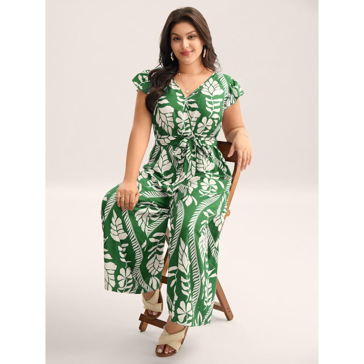 Plus Size DarkGreen Large Floral Print Pockets Jumpsuit Women Cap Sleeve Overlap Collar Vacation Loose Jumpsuits BloomChic 26/4X Product Image