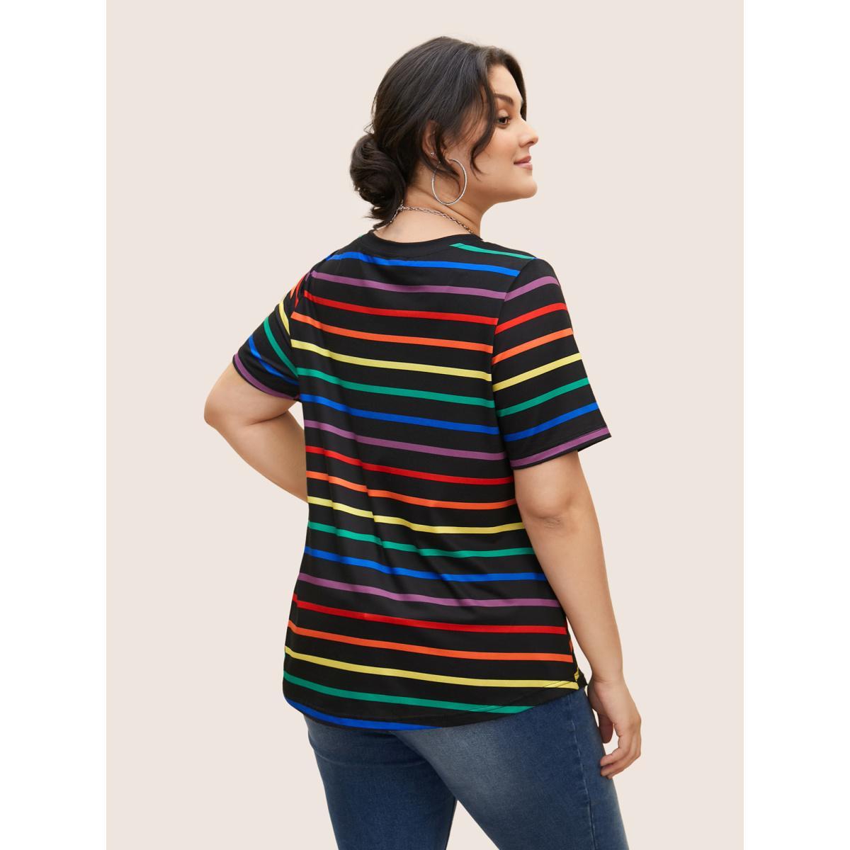 Plus Size V Neck Contrast Striped Stretched T-shirt Multicolor Women Casual Contrast V-neck Everyday T-shirts BloomChic 10/M Product Image