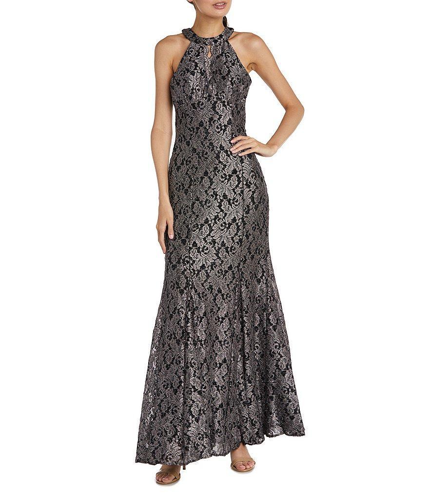 R & M Richards Sleeveless Halter Neck Glitter Lace Long Fit and Flare Dress Product Image