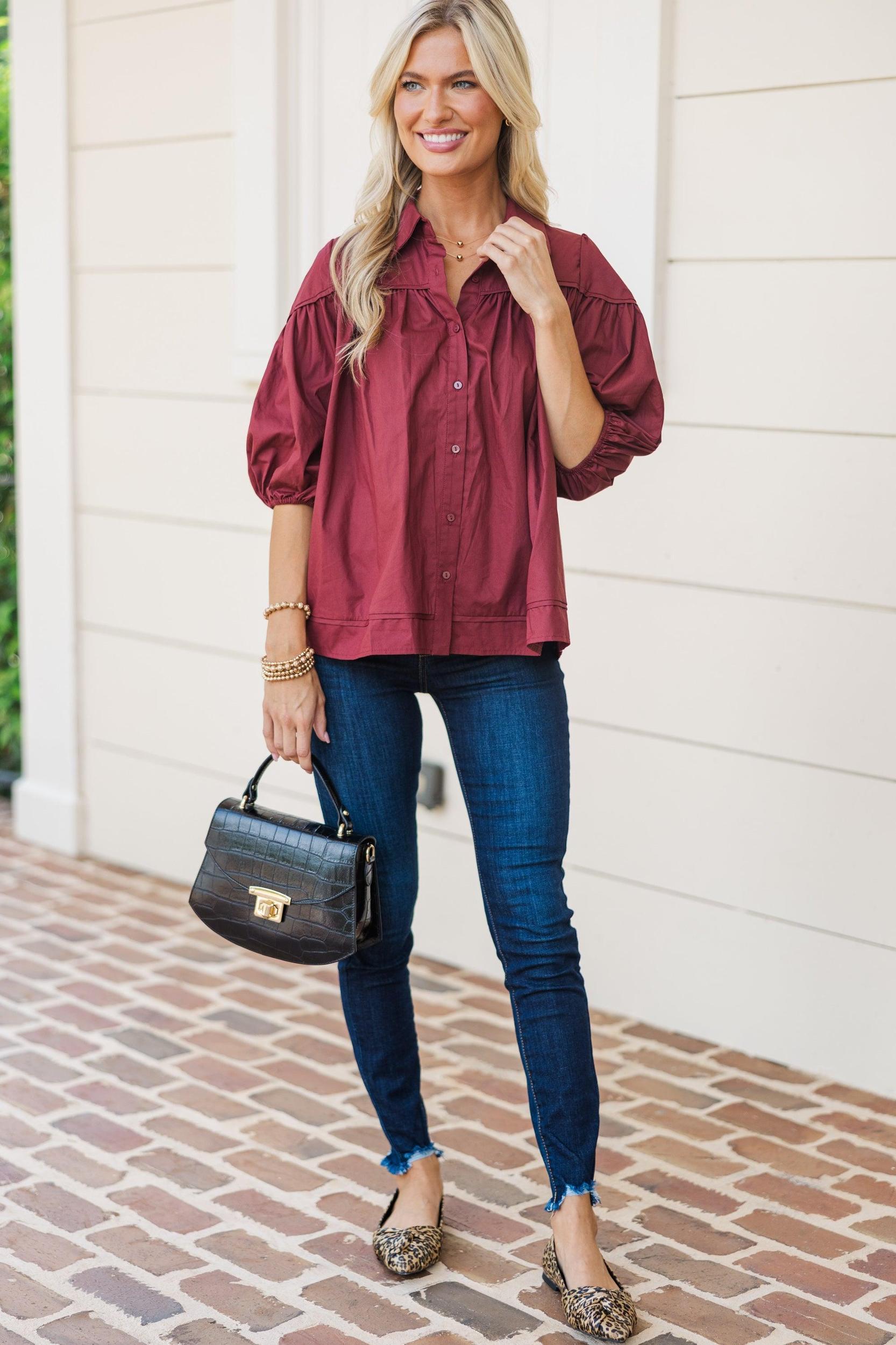 Better Than You Know Brick Red Puff Sleeve Blouse Female Product Image