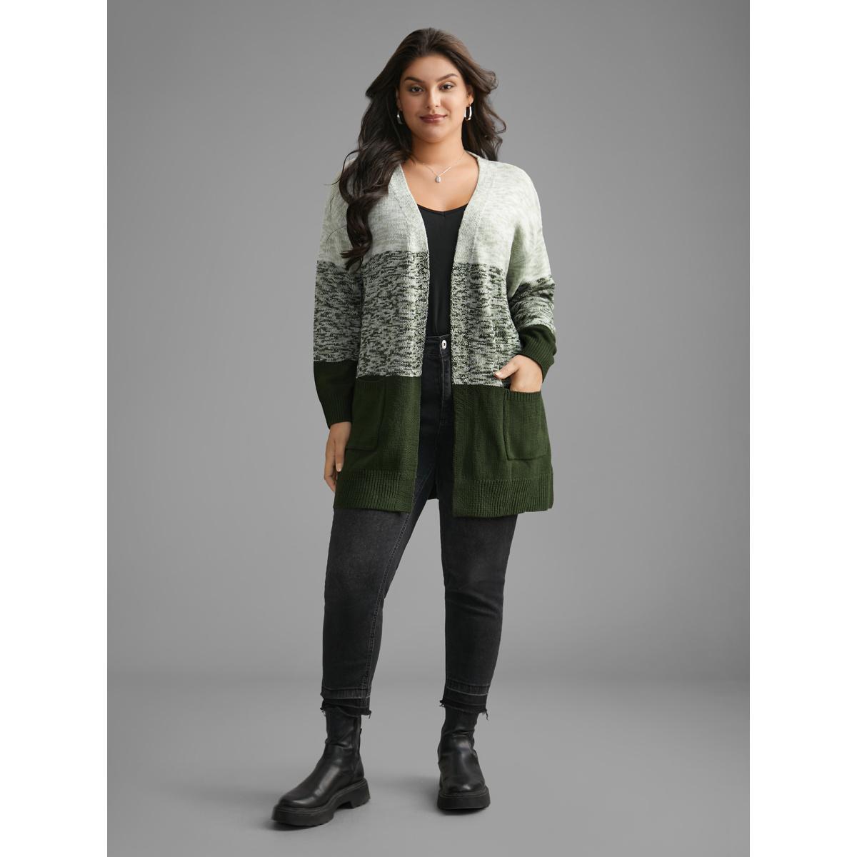 Plus Size Heather Colorblock Contrast Patched Pocket Cardigan ArmyGreen Women Casual Loose Long Sleeve Everyday Cardigans BloomChic 30/6X Product Image