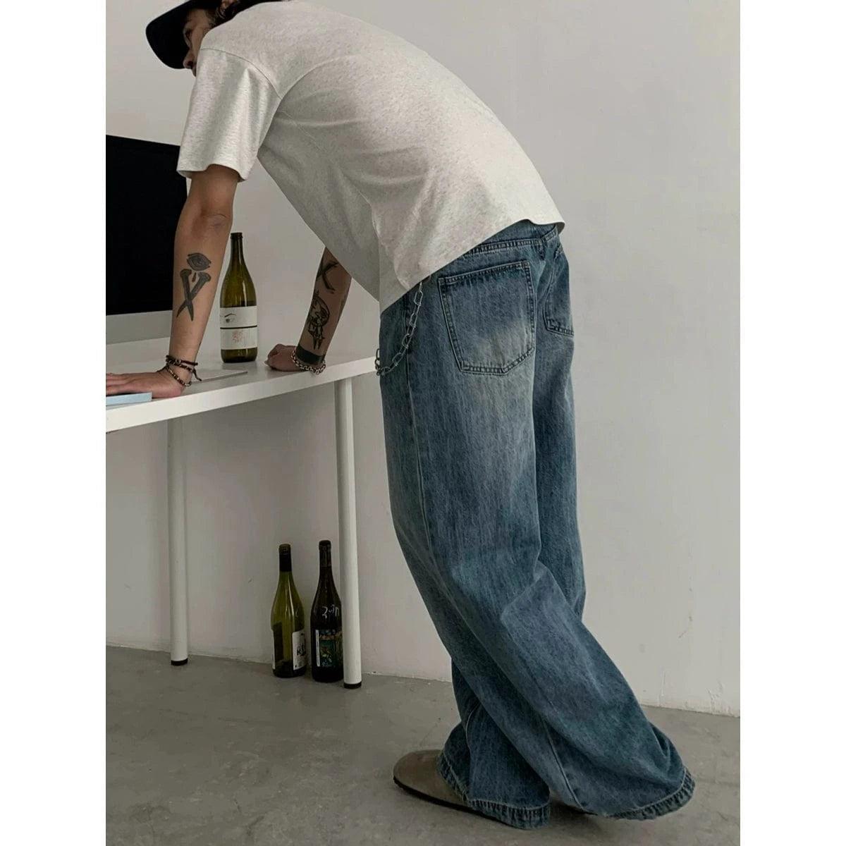 RT No. 18812 WASHED BLUE WIDE BAGGY JEANS Product Image