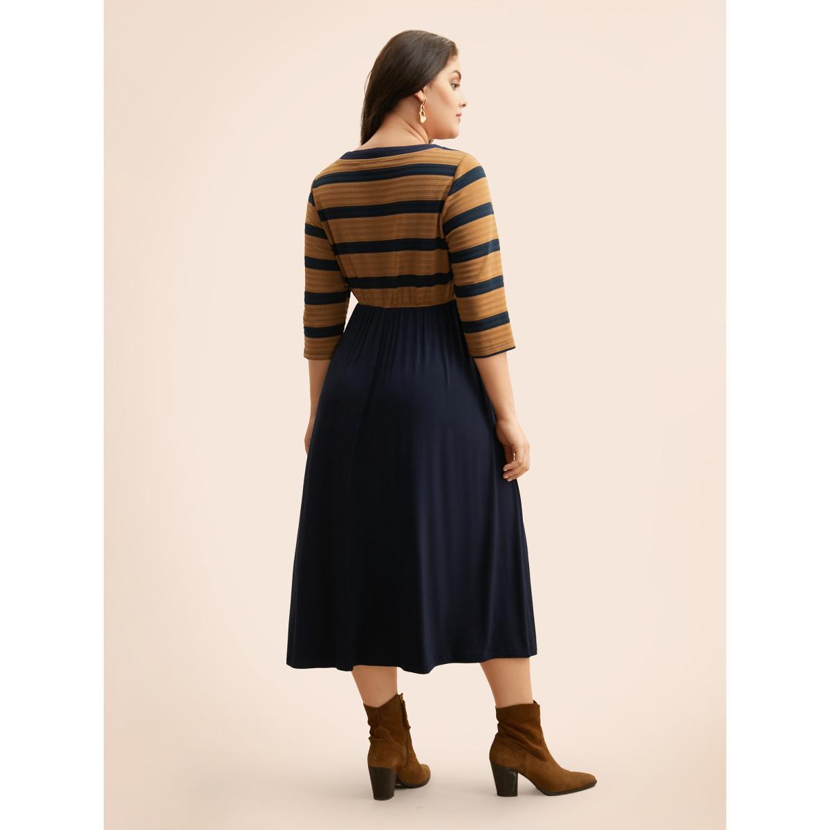 Plus Size Striped Contrast Elastic Waist Dress Yellowishbrown Women Casual Contrast Round Neck Elbow-length sleeve Curvy BloomChic 14-16/1X Product Image