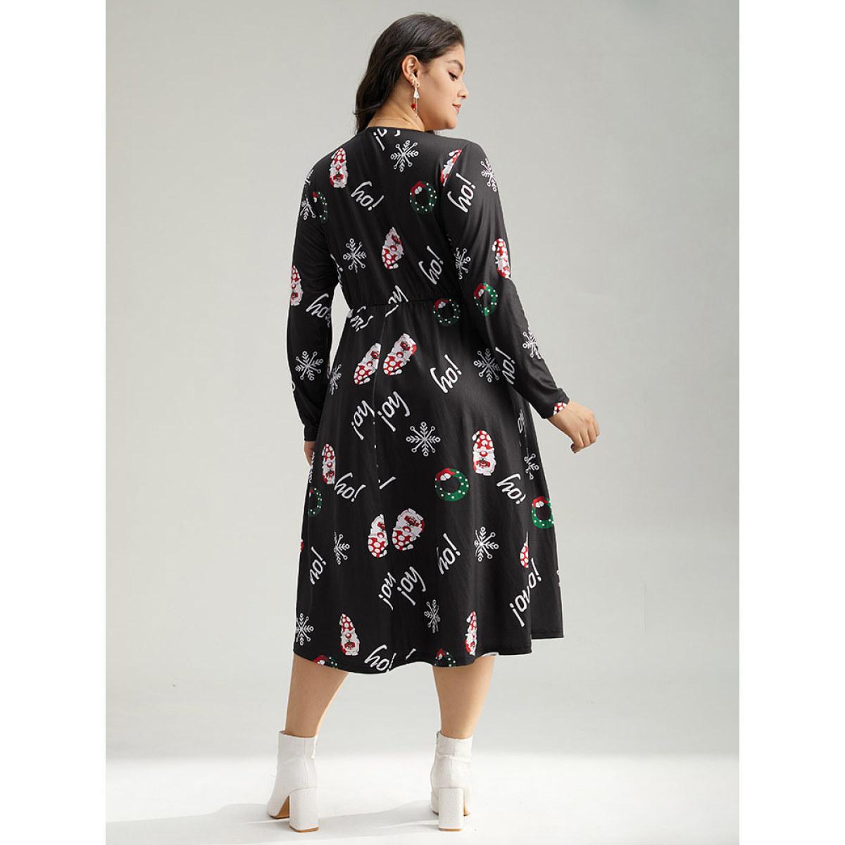 Plus Size Christmas Graphic Button Detail Dress Black Women Elegant Gathered V-neck Long Sleeve Curvy Midi Dress BloomChic 12/L Product Image