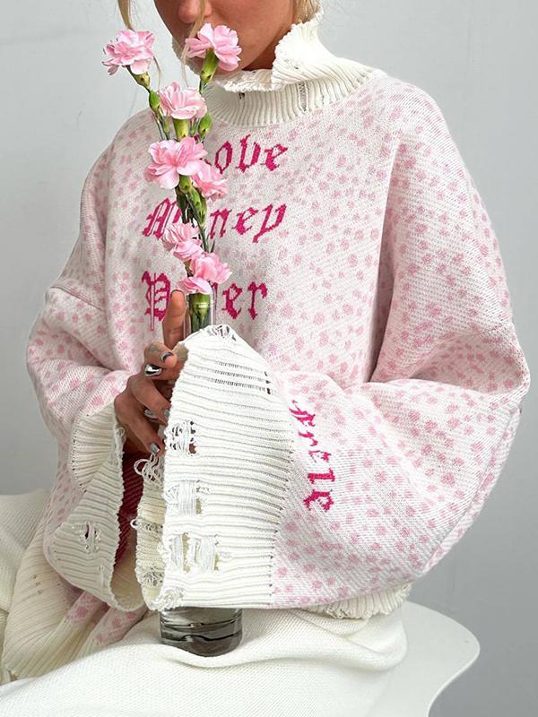 Letter Jacquard Tattered Design Baggy Sweater Product Image
