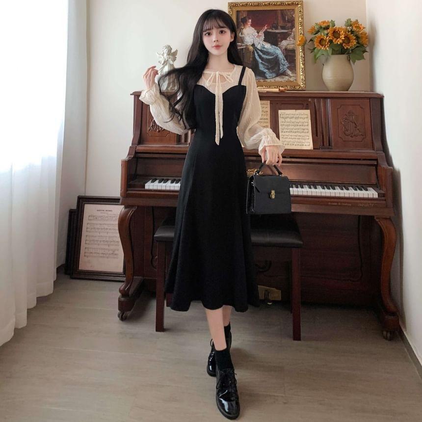 Long Sleeve Round Neck Mock Two Piece Tie Front Midi A-Line Dress Product Image