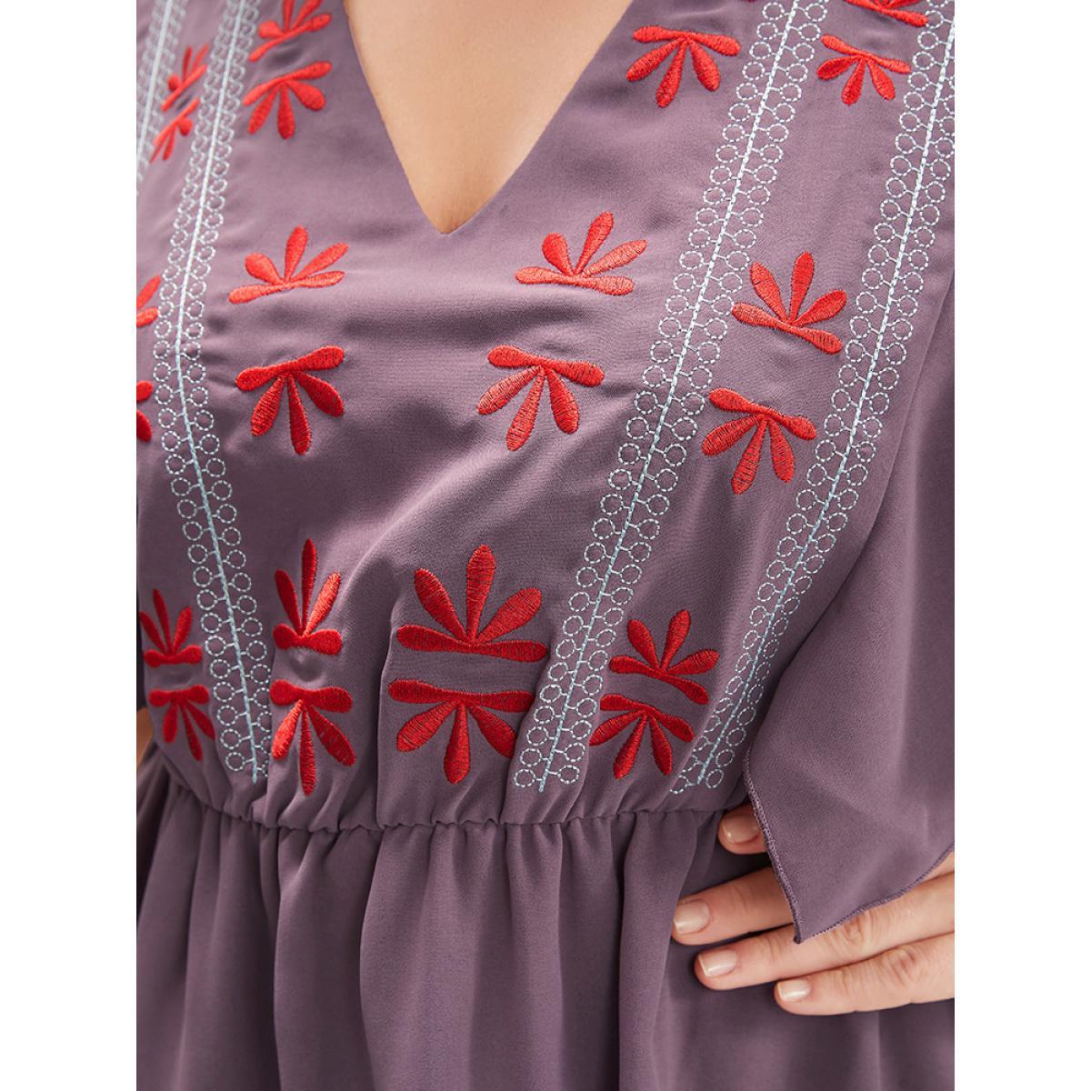Plus Size Mauve Floral Embroidered V Neck Ruffle Sleeve Blouse Women Vacation Short sleeve V-neck Dailywear Blouses BloomChic 26/4X Product Image